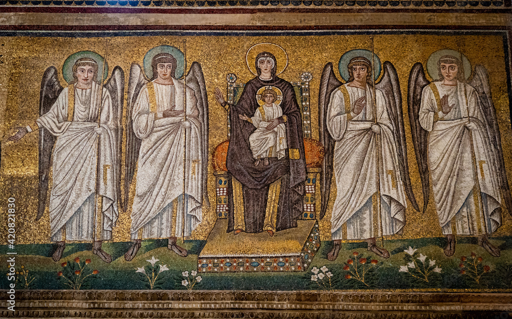 Mosaic of Madonna and Child surrounded by angels, Basilica of Sant'Apollinare Nuovo. Ravenna, Emilia romagna, Italy, Europe.