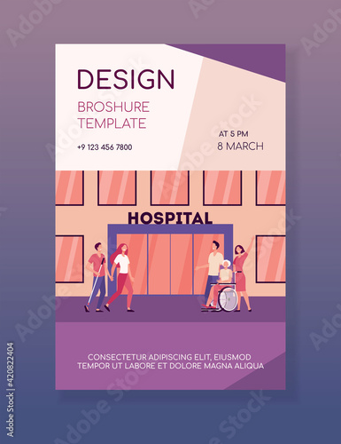 Patients and their relatives in front of hospital. Nurse, clinic, facade flat vector illustration. Medicine and healthcare concept for banner, website design or landing web page