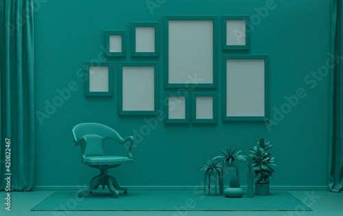 Modern interior flat dark green color room with single chair and plants, gallery wall template with 9 frames on the wall for poster presentation, 3d Rendering