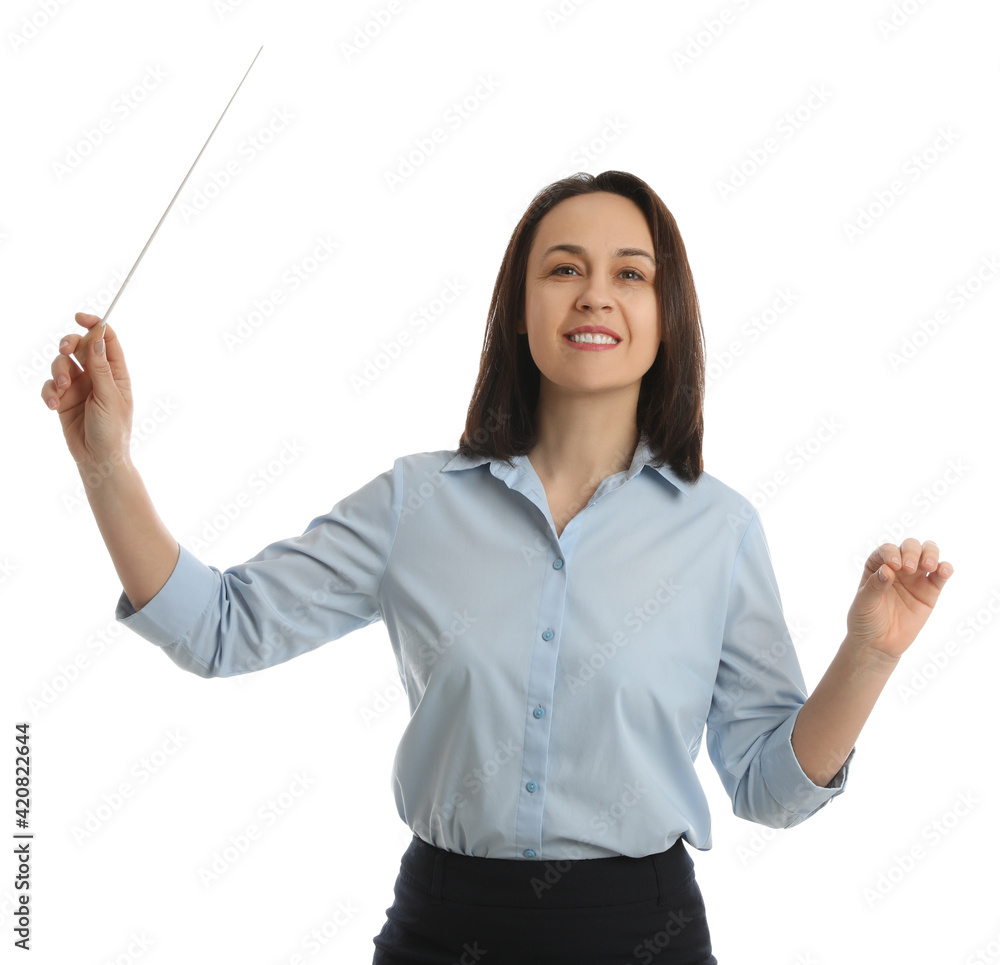 Music teacher with baton on white background Music teacher with baton on white background