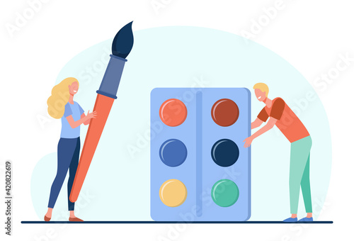 Painters man and woman holding brush and paints. Creative artists cartoon characters flat vector illustration. Painting concept for banner, website design or landing web page