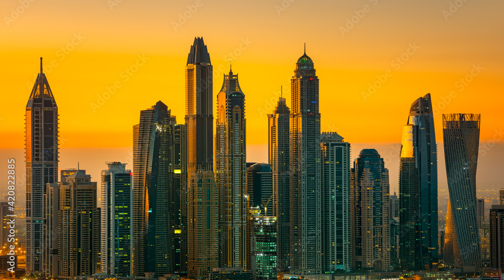 DUBAI ,UNITED ARAB EMIRATES-FEBRUARY Beautifull , Dubai downtown at the sunset, Dubai, United
