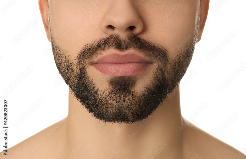 Young man with beard after shaving on white background, closeup Young man with beard after shaving on white background, closeup
