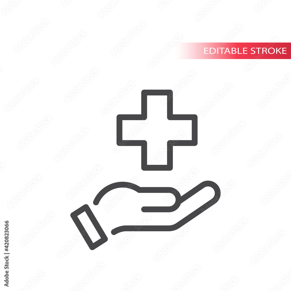 Hand and medical cross line vector icon. Health care symbol, editable stroke. Hand and medical cross line vector icon. Health care symbol, editable stroke.