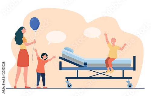 Mother woman and brother boy visiting patient child recovering from cancer in hospital. People celebrating recovery flat vector illustration. Health care and medicine concept website design