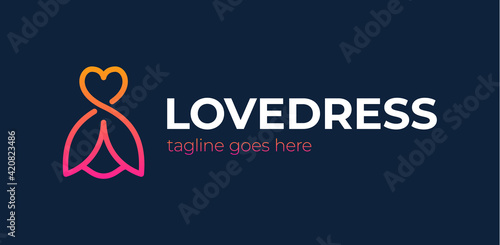 love clothing logo vector icon. Fashion boutique dress with heart shaped shoulder hanger logo
