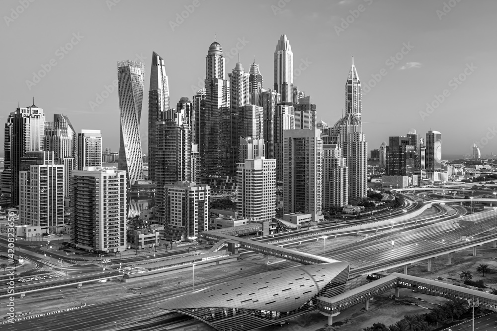 Amazing rooftop view on Dubai Marina skyscrapers and Sheikh Zayed road, Dubai, United Arab Emirates