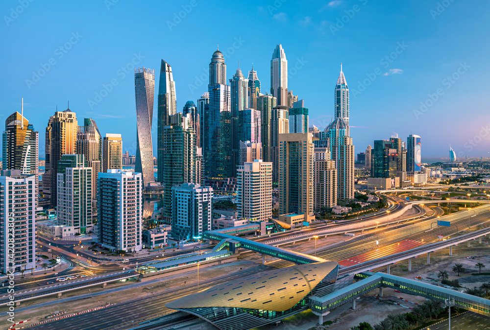 Amazing rooftop view on Dubai Marina skyscrapers and Sheikh Zayed road, Dubai, United Arab Emirates