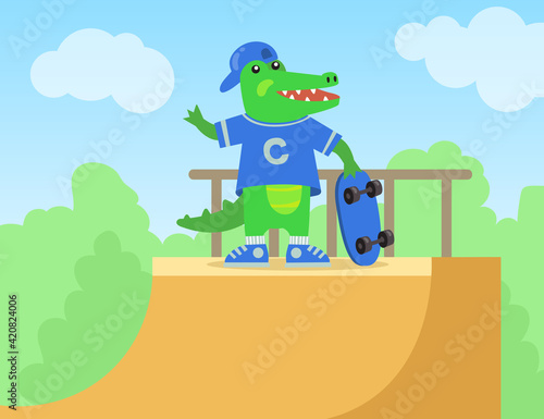 Skater crocodile with skateboard on ramp. Cute green alligator cartoon character. Flat vector illustration. Reptile animal mascot, sport activity concept