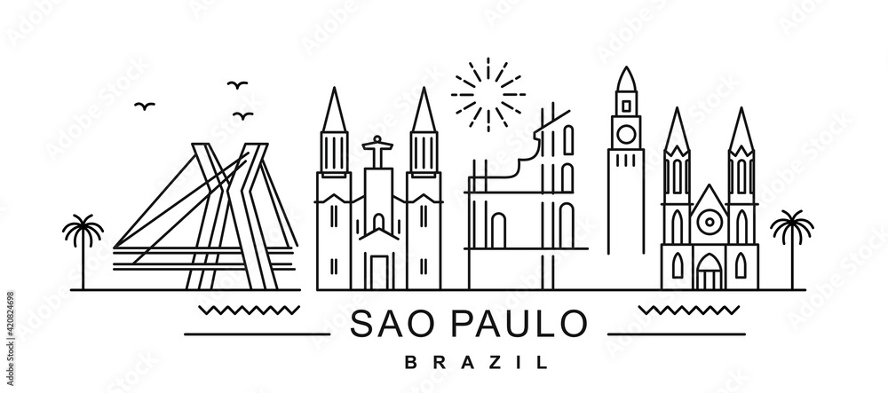 city of Sao Paulo in outline style on white. Landmarks sign with inscription.