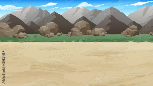 荒地の土の道と岩山の風景動画_横スクロールゲームの背景_ループ