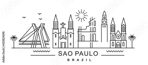 city of Sao Paulo in outline style on white. Landmarks sign with inscription.