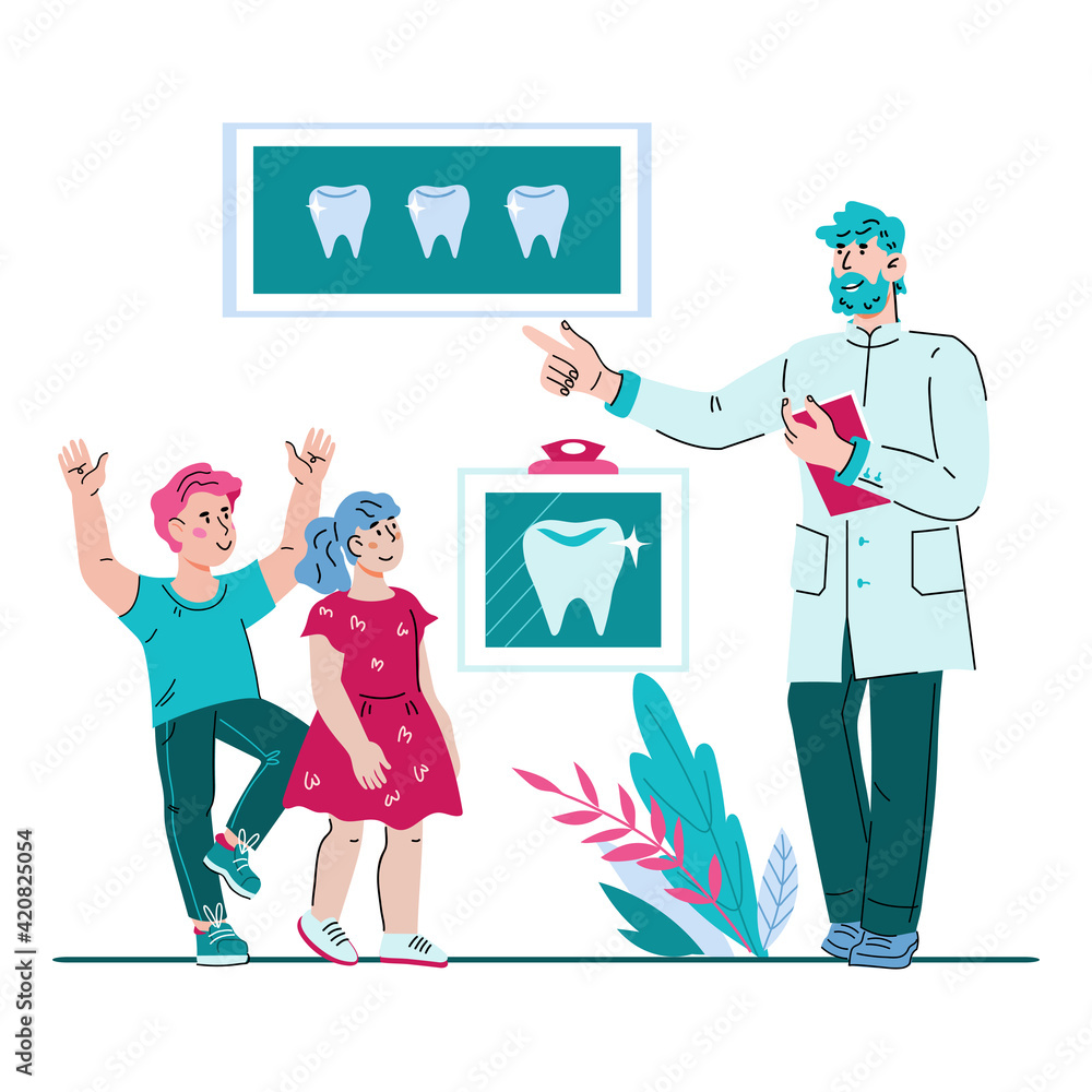 Cute boy and girl in dental clinic talking to the dentist, cartoon vector illustration isolated on white background. Dental clinic and medical services for kids.