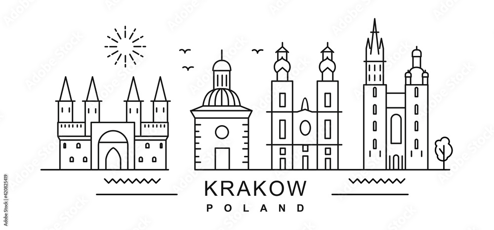 city of Krakow in outline style on white. Landmarks sign with inscription.