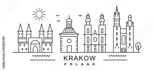 city of Krakow in outline style on white. Landmarks sign with inscription.