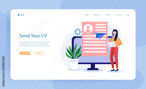 Female character is sending her CV document on computer
