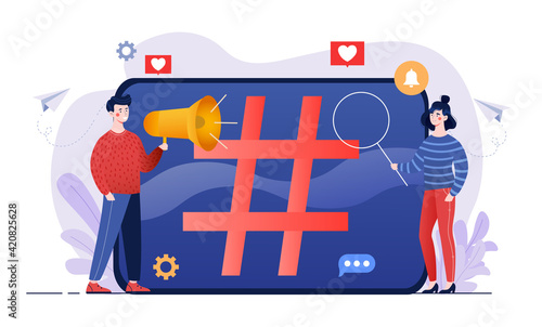 Male and female characters are working on social listening together