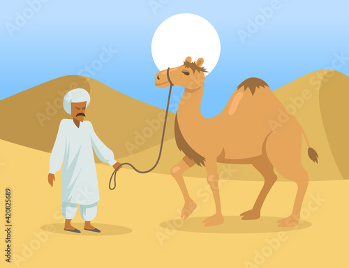 Arab man with one hump camel in desert. Wild dromedary animal and Bedouin cartoon characters in nature. Flat vector illustration. Egypt landscape concept