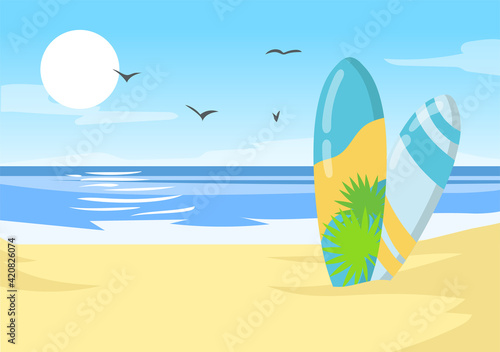 Surfboards on Hawaii ocean beach. Hawaiian sea shore tropical nature. Flat vector illustration. Summer vacation travel resort, surfing sport concept