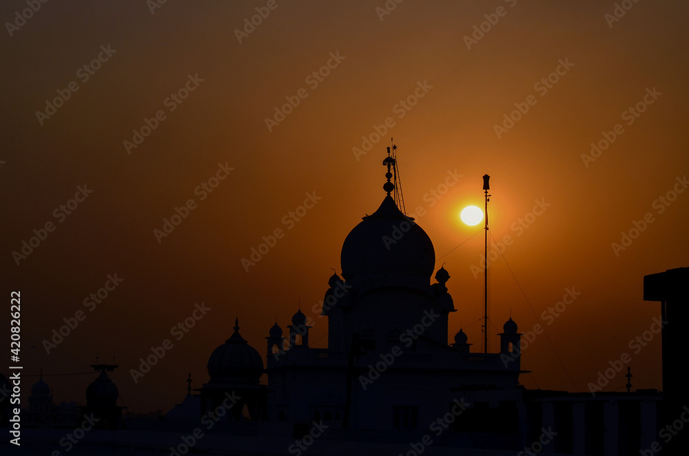 Beautiful sunset view of Gurudwara Shri Fatehgarh Sahib, Punjab, India.