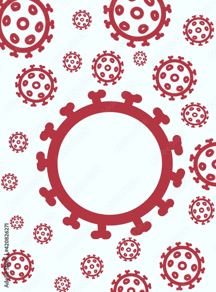 Simple red coronavirus, sars-cov-2 particle shapes in various sizes on light background. Big corona cell empty in the middle among many little ones.
