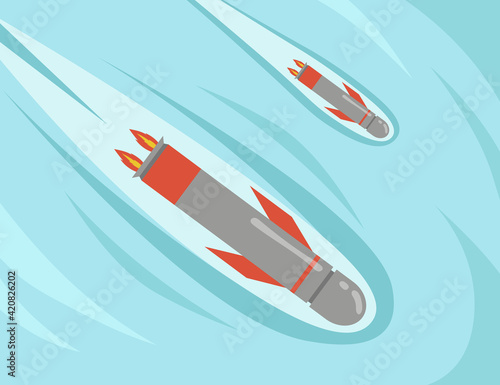 Flying in sky air missile rockets. Ballistic missile strike attack. Flat vector illustration. Explosive warhead bomb military weapon concept
