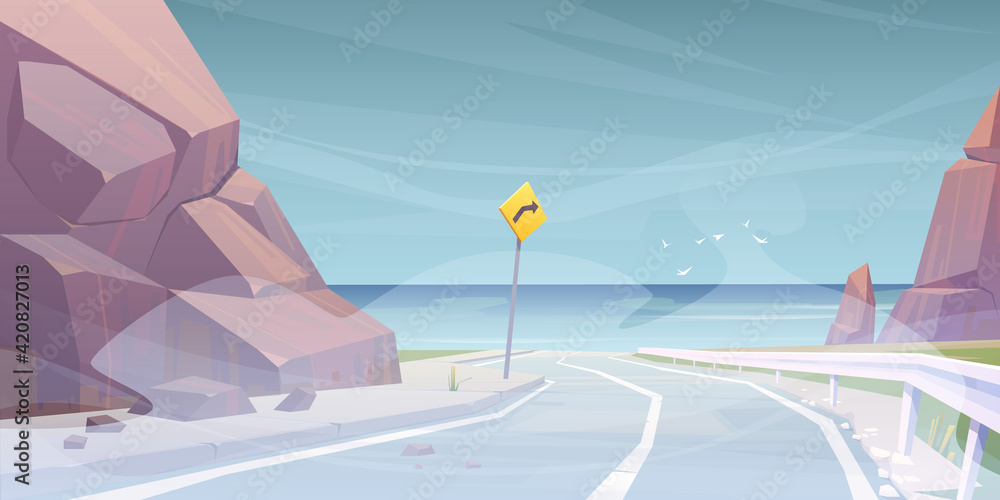 Vector landscape with road to sea beach in fog
