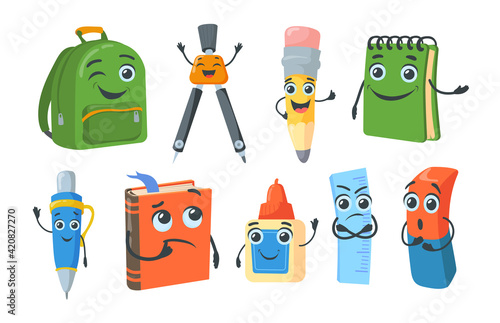 Bright school stationery characters flat pictures collection. Cartoon happy pencil, book, spiral notebook, ballpoint, schoolbag, ruler, eraser isolated vector illustrations. Study and mascots concept