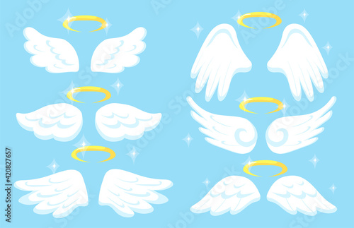 Creative angel wings with gold nimbus flat pictures set for web design. Cartoon collection of cute white wings isolated vector illustrations. Heaven and decorative elements concept