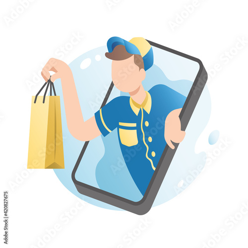 Courier in special uniform, wearing cap, delivers an order, goods in paper bag from an application, smartphone website. Delivery man climbs out, jumps out of his mobile phone with purchases.