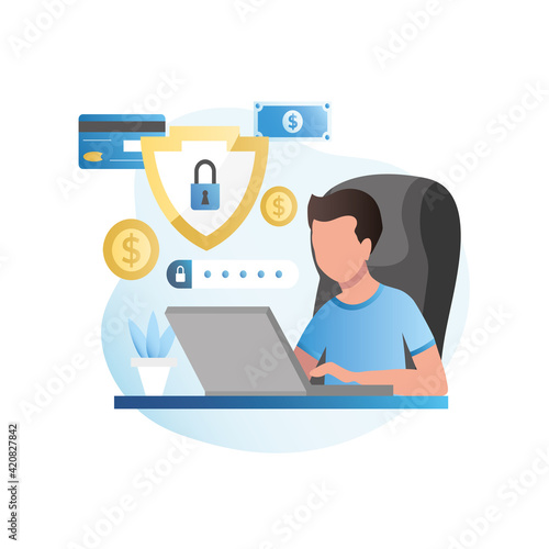 Protecting data on computer on Internet. Man at his workplace set login, password to enter bank's website with information on credit cards, accounts, e-wallets. Computer with shield, lock.