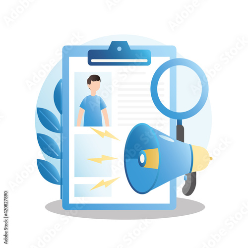 Viewing, studying questionnaire, resume of candidates, applicants for position for recruiting personnel on loudspeaker, magnifying glass. Vacancy for job seekers.