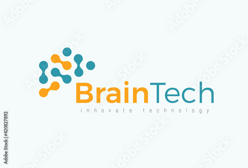 Brain tech logo concept for futuristic science and medical innovate technology. Computer chip icon for digital neural network, dataset, artificial intelligence. Vector logotype