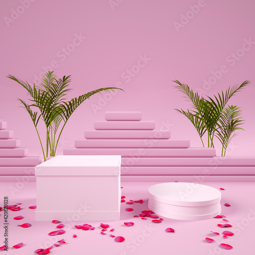 minimal scene with geometrical forms. Cylinder  box podium in cream background with leaves and shadow. Scene to show cosmetic product  Showcase  3d rendering