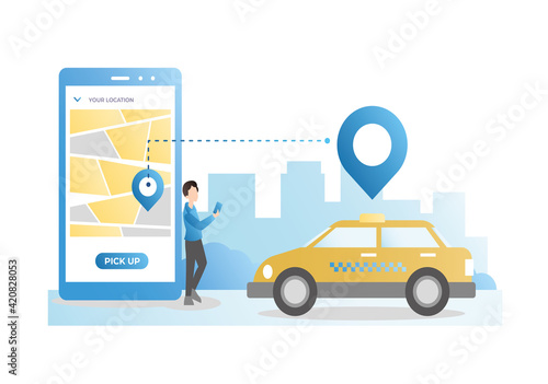 Vector guy calls yellow taxi in city to specified address in geolocation, on map, gps sensor in smartphone. Man in app, on website ordered car on Internet.