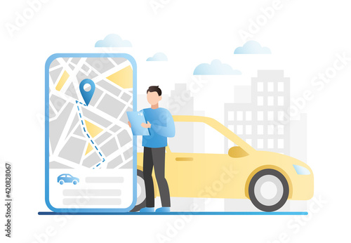Vector man in an application, on website in smartphone, on tablet, orders, calls yellow taxi, on map he makes route for trip in city, rents car. Guy is with car sharing.