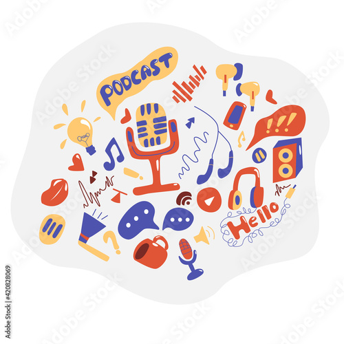 Podcast doodle set – microphone, headphones, music, and media elements