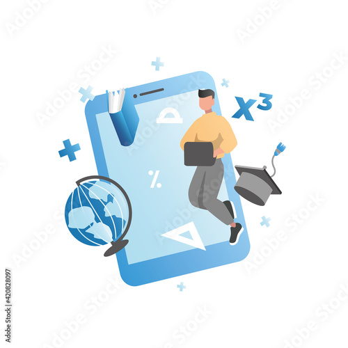 Distance learning on site, in application in laptop. Man studies on Internet, listens to lectures, courses, computer training. Student receives an education, teaches lessons in tablet, passes an exam.