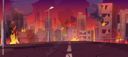 City in fire, war destroy burning buildings bridge