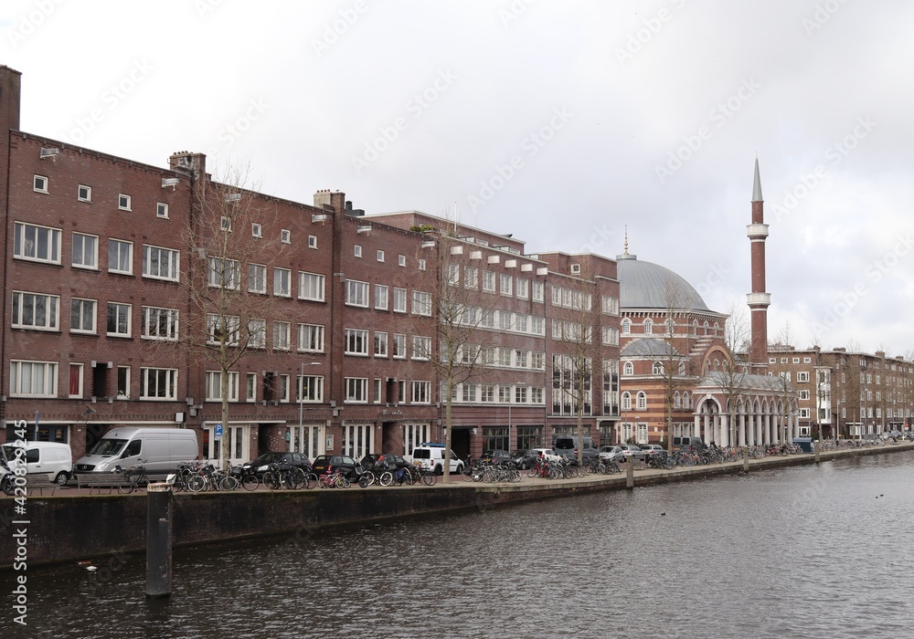 Amsterdam Canal View with Mosque and Other Buildings in Baarsjes District