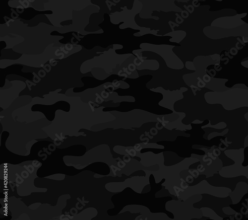 Black vector camouflage, geometric seamless pattern, classic night pattern.