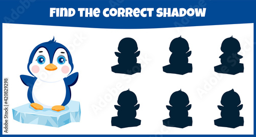 Find the correct shadow. Educational matching game for children with cute penguin.
