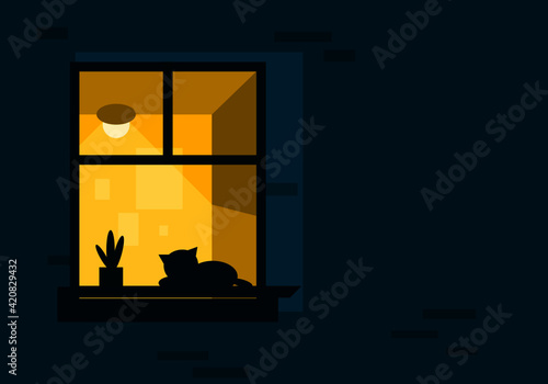 Windows of the room at night turn on bright yellow light with a sleeping cat flat vector.