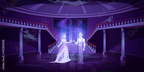 Old castle hall with ghosts dance in palace room
