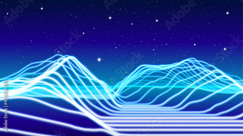Synthwave or vaporwave abstract landscape with neon light rays terrain in retro space. 80s or 90s styled background with shiny neon mountain lines.
