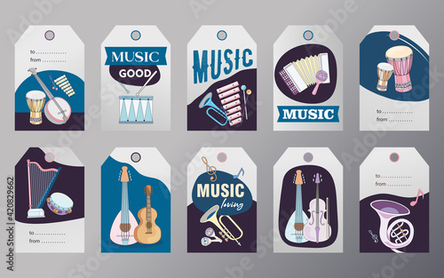 Trendy special tag designs with musical instruments. Cartoon drum, viola, guitar and tube on grayish background. Music and entertainment concept. Template for greeting labels or invitation card