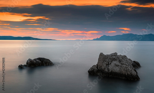 Obraz na płótnie Sunset on adriatic sea in Croatia, Makarska riviera, Croatia w salonie