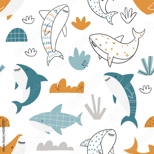 Vector hand-drawn colored childish seamless repeating simple doodle pattern with sharks in scandinavian style on a white background. Cute baby animals. Pattern for kids with sharks. Sea. Underwater.