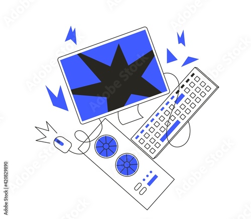 Blue screen of death or computer malfunction concept for web or ui design and ads. Malware or bug in software or program. Data recovery from a corrupted or inaccessible hard drive vector illustration.