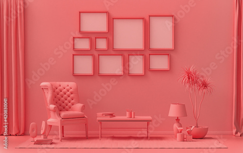 Modern interior flat light pink, pinkish orange color room with furnitures and plants, gallery wall template with 9 frames on the wall for poster presentation, 3d Rendering photo